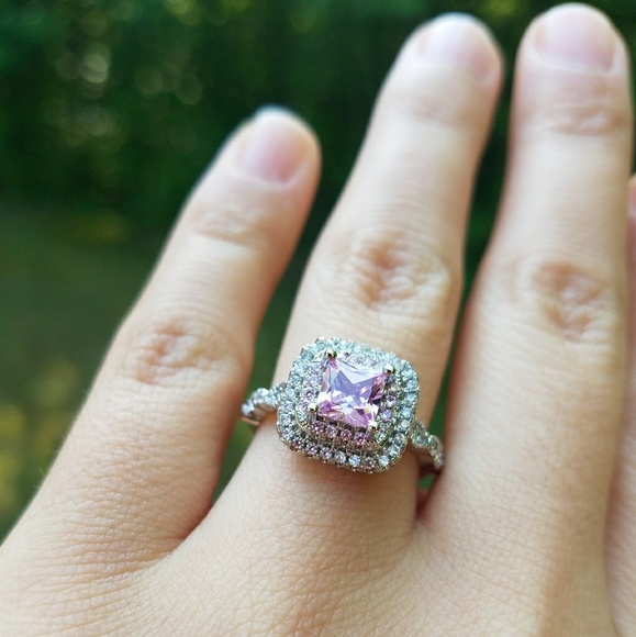 NEW Silver Pink Princess Cut Double Halo Ring - Picture 6 of 8